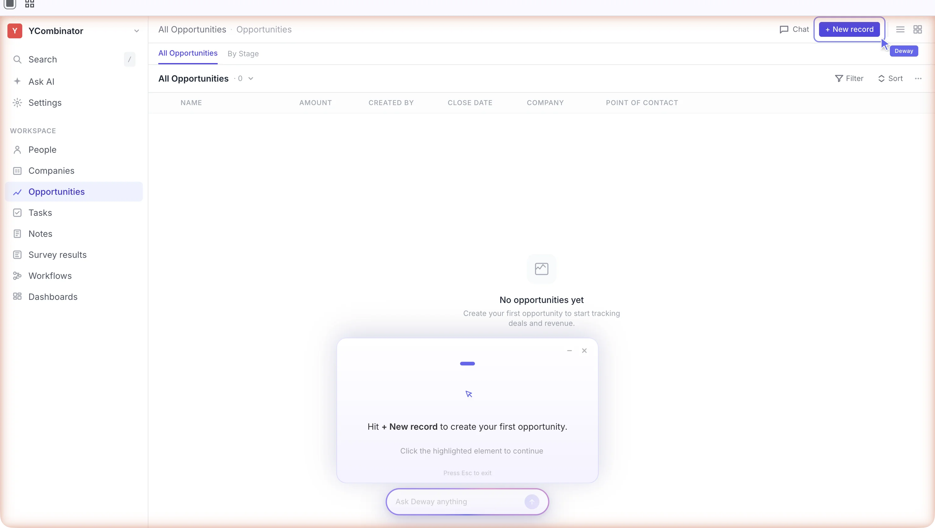 Deway proactively guiding a user to create their first record